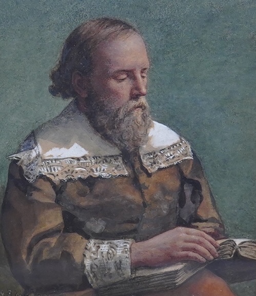 G F Zink, watercolour, Portrait of an Elizabethan gentleman reading, signed and dated 1887, 23 x 20cm, housed in a gilt and painted frame. Condition - fair to good